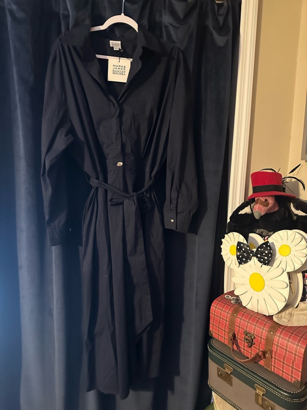 Badgley Mischka Black Long Sleeve Midi Shirt Dress with Waist Tie